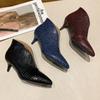 Fashion Fashion Spring Autumn Pointed Toes V-mouth Patent Leather Short Boots Women Thin High Heels Snake Skin Ankle Boots Chunky Heels