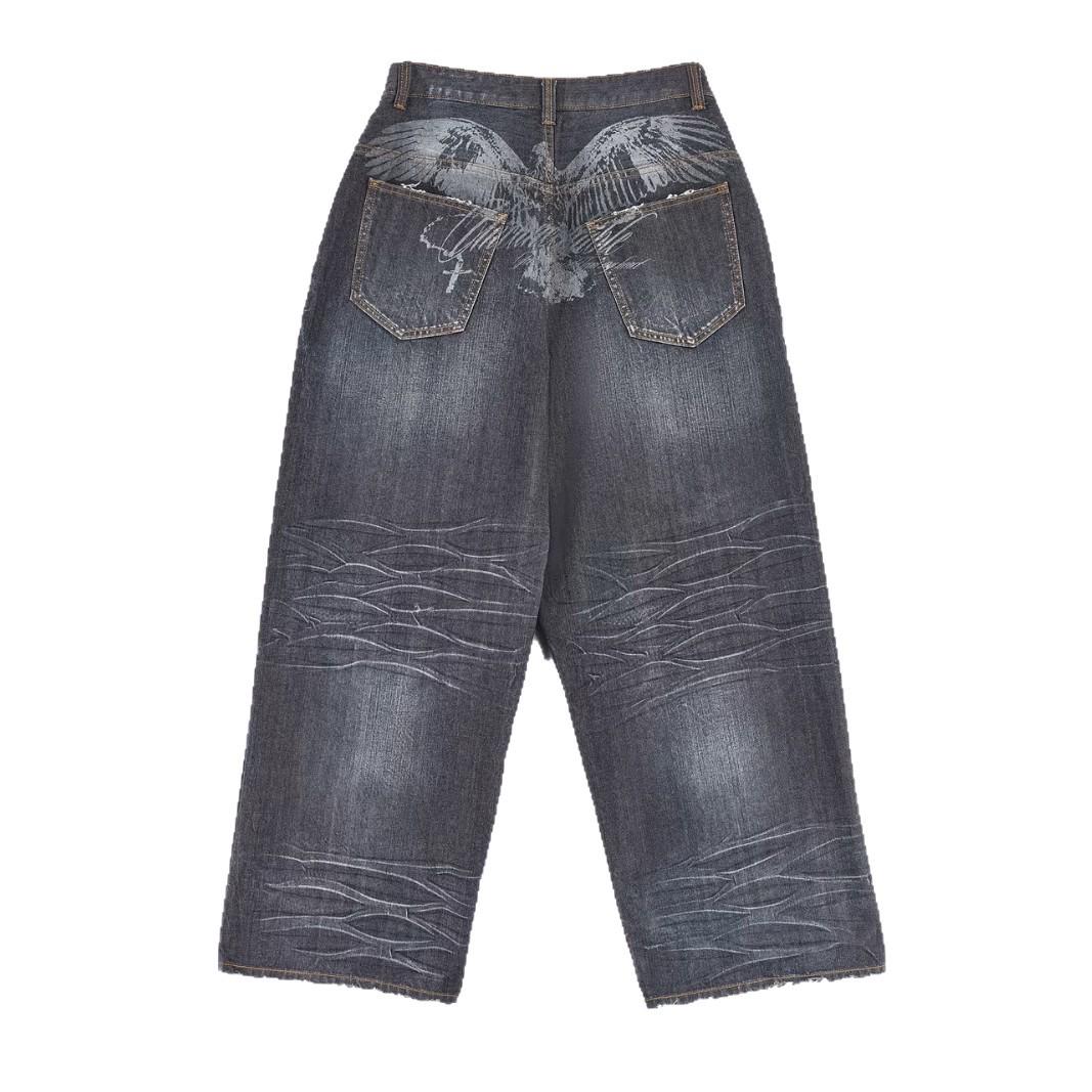 American Retro Wing Print Denim Pants – Unisex Y2K Street Style, Loose Fit, Floor-Length Extra Large