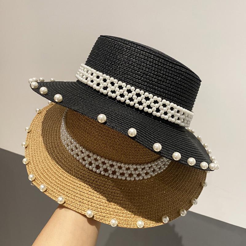 Summer Hat Female Sunshade Beach Seaside Big Eaves Sun Protection Flat Top Straw Hat Retro Pearl Fashion Vacation Sun Hat