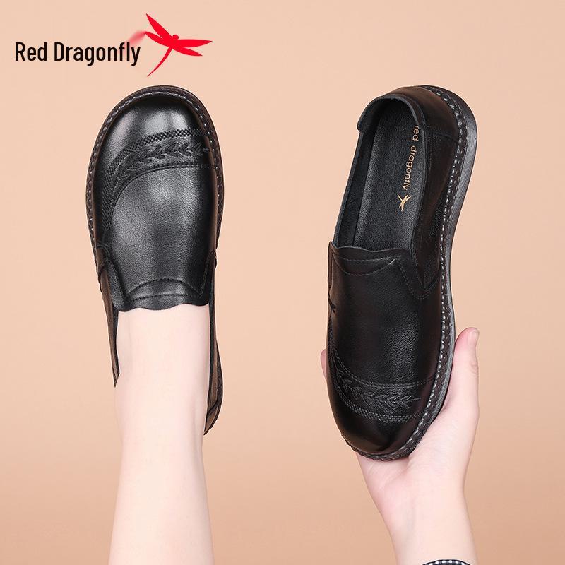 Red Dragonfly Women's Genuine Leather Flat Shoes - Soft Sole, Non-slip, Ideal for Middle-aged & Elderly in Spring and Autumn.