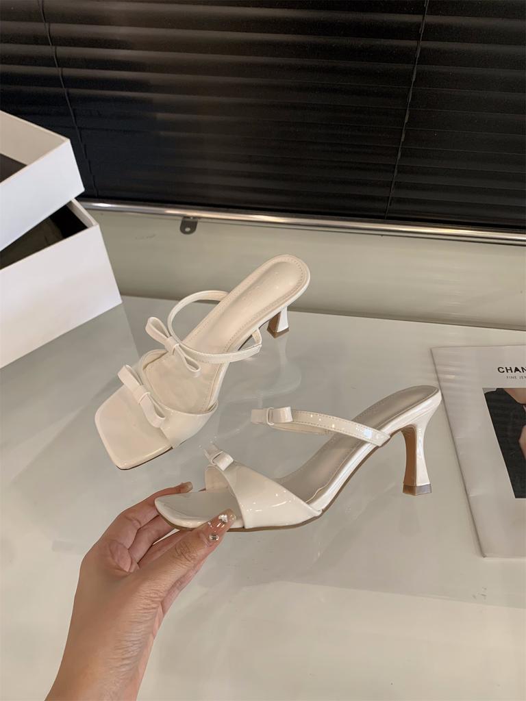 Black high heels bow slippers women's shoes wear 2025 new summer with skirt strappy sandals