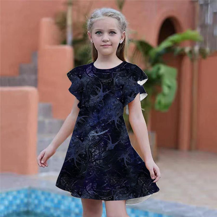 Dívčí modré šaty s potiskem javorového listu Dětské Dívčí společenské šaty Volný střih Volný střih sukně s krátkým rukávem pro dívky starší čtyř let