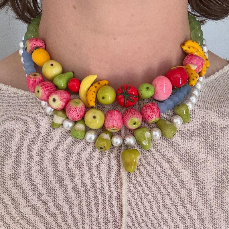 Vintage Stil Frucht Anhänger Halskette 3D Erdbeere Granatapfel Perlen Perlenkette Süßer Schmuck Für Frauen Täglichen Und Party Gebrauch