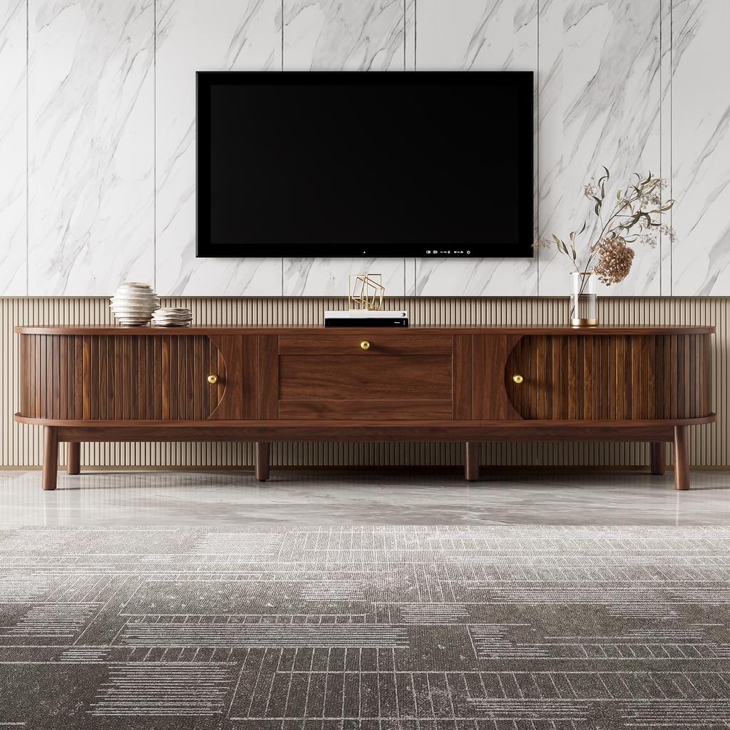 Modern TV Stand made of Solid Wood with Drawers, Classic Rounded Corners, Sturdy Wooden Legs, TV Stand with Storage Space for the Living Room.