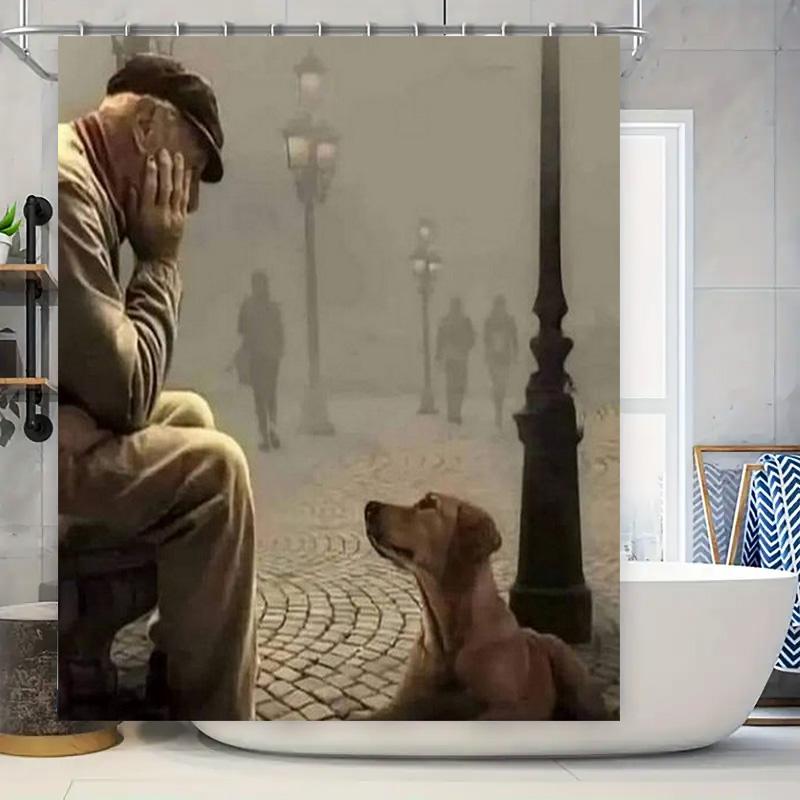 

Decorative Shower Curtain Set: Vintage Street Scene with Dog Ideal for Bathroom Decor Gift 90x180cm
