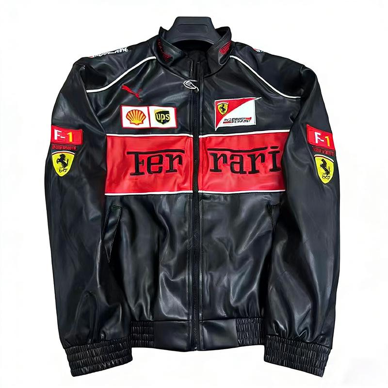 F1 Rennanzug Bestickte Lederjacke - Harley Retro Motorradstil, Baumwoll-Fahranzug, PU-Jacke
