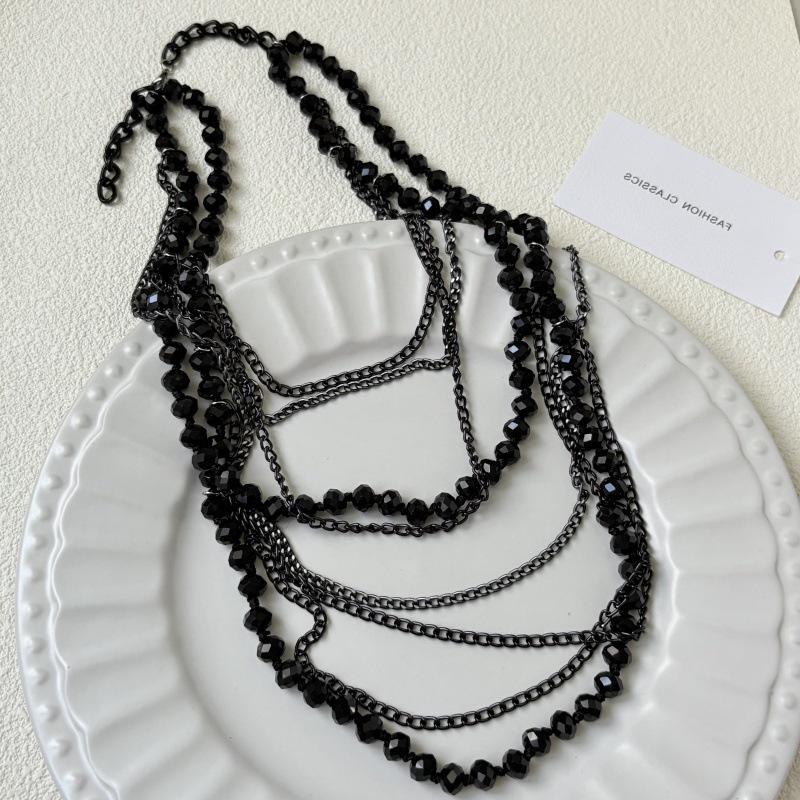 Elegant Dark Multi-Layer Bead Chain Necklace - Women's Fashion Layered Choker Clavicle Chain