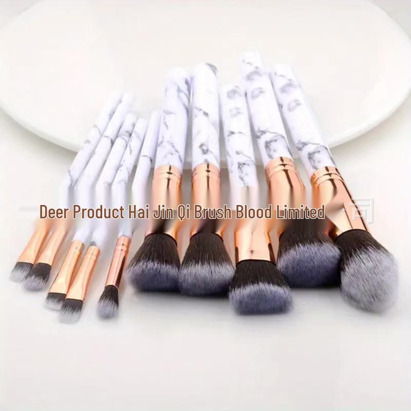 Beginner's Essential 10-Piece Marble Makeup Brush Set – Includes Powder, Foundation, and Eyeshadow Brushes.