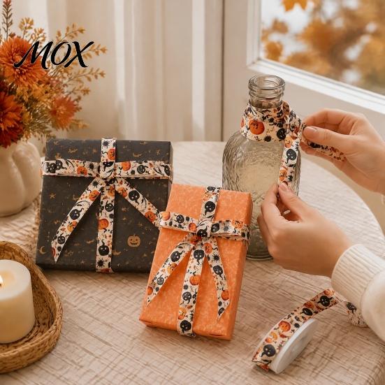 Festliches Dekoratives Stoffband Halloween-Band, 5 Yards 5/8" Kürbis Spinnennetz Aufdruck für Geschenkverpackung Verpackung, DIY Kranz Schleife Bastelarbeiten,