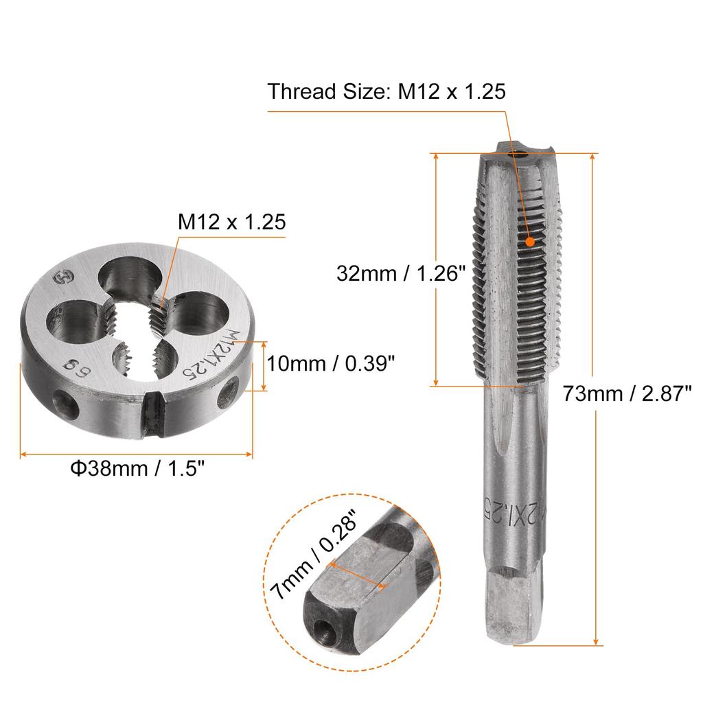 Uxcell 3-Piece Metric Hand Tap & Die Set, M12 X 1.25 Tapered/Bottom Thread Tap + Round Die, Manual Thread Tapping Tool for Repairs