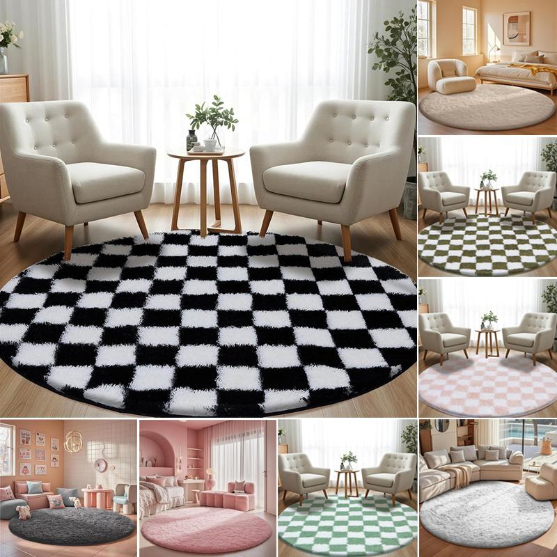 Super Soft Rug, Round Rug for Bedroom, 2X2M Black and White Checkered Round Rug Non-Slip High Pile Cute Soft Fluffy Rug for Bedroom Kids Room