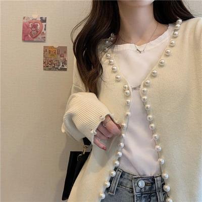 Autumn New Knitted Cardigan Temperament Noble Design Sense Pearl Trimmed Sweater Jacket Women