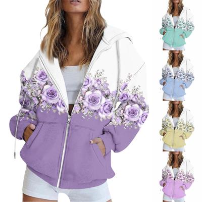 Women's Zip Up Hoodies Teen Girls  Flowers Printed Sweatshirt Clothing Casual Drawstring Jacket With Pockets