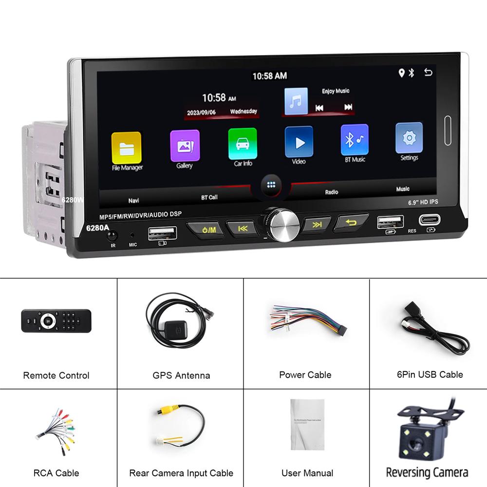 

1DIN 6.9 дюймов Carplay Android Auto 1080P HD Mirror Link автомобильное радио 7 цветов фар 2USB GPS Автомагнитола Мультимедиа Плеер with 12LED