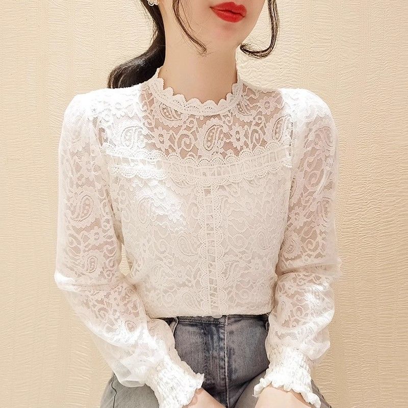 

Кружевной базовый слой Женский Осенне-зимний Высококлассный Элегантный С длинным рукавом Круглый вырез Большой размер Женский топ 2XL белый