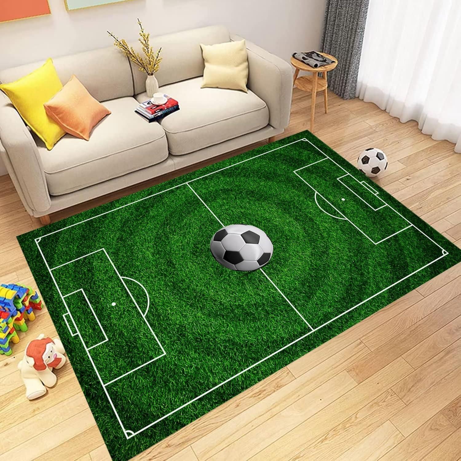 

Football Pitch Play Area Rug Soccer Ball Border Carpet Decorative Washable Floor Mat for Children s Play Area & Game Room 50cm x 80cm