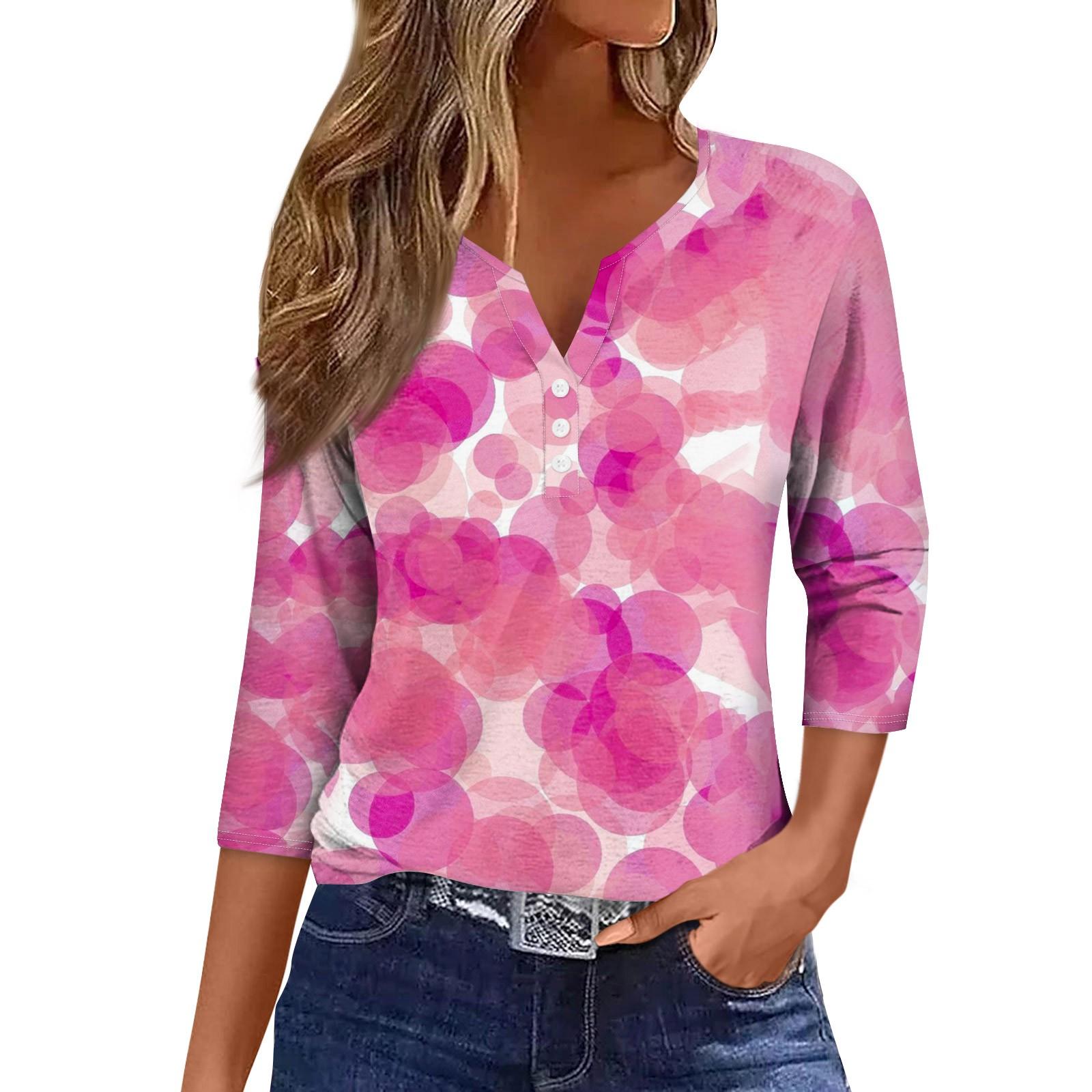 

Женская модная повседневная футболка с коротким рукавом и V-образным вырезом, декоративными пуговицами и рукавом три четверти M