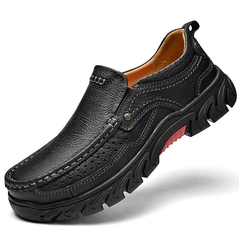 Mens Wide Fit Thick Sole Outdoor Casual Leather Shoes Non-Slip Wear-Resistant Hiking Toe Design