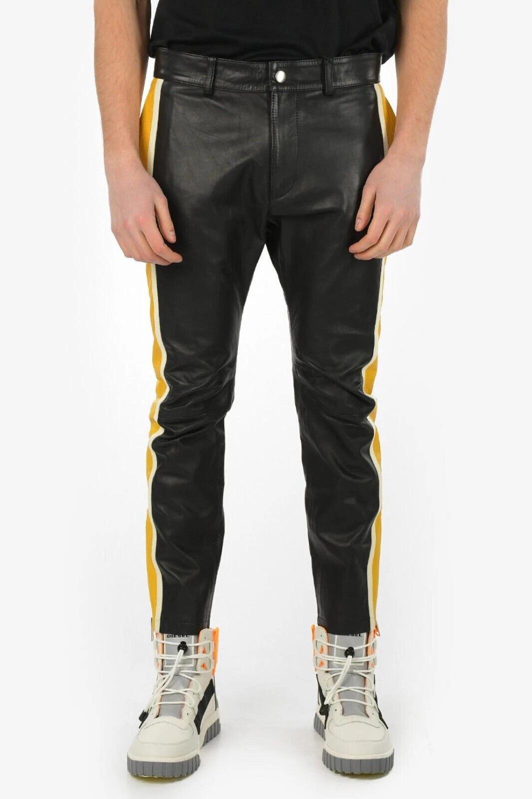 

Black & Yellow Stylish Men Pant Motorcycle Leather Halloween Lambskin Designer 42 чорний