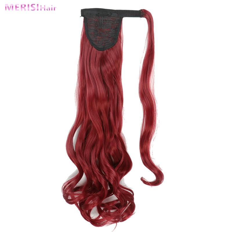 MERISIHAIR Pakk rundt på syntetisk hårstykke Langbølget klips i hestehale Ren farge hårforlengelser Ekte naturlig 22 tommer hestehale