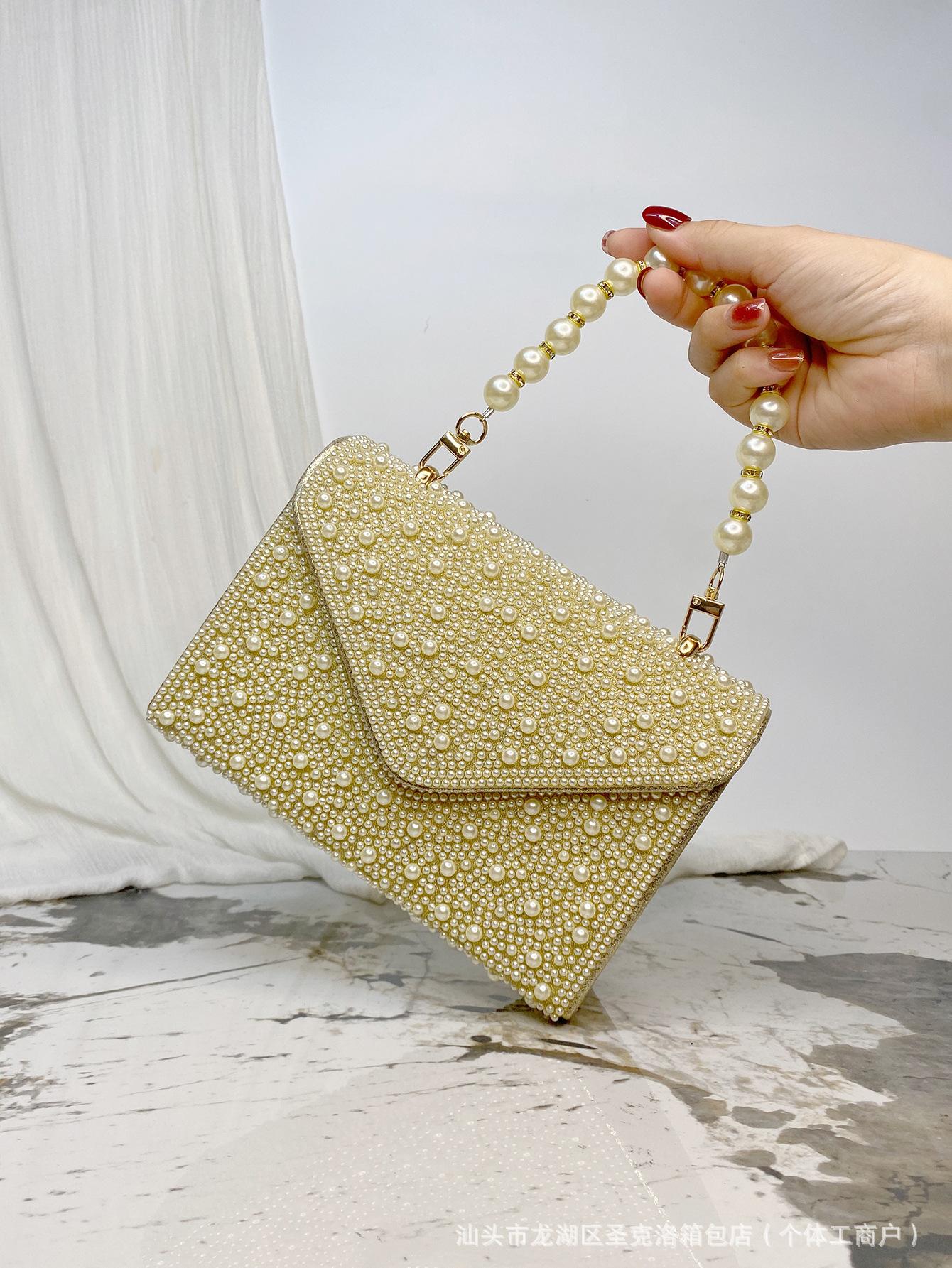 Pearl Chain Shoulder Bags Luxury Purse Gold Bright Silk Evening Bag Women Elegant Fashion Banquet Clutch Female Handbag 19x14x8cm