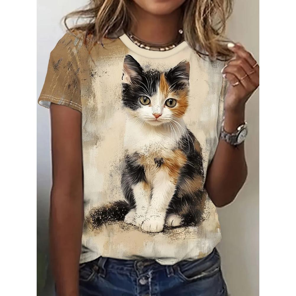 Women's T-Shirts Summer Casual Short Sleeve Tops Crew Neck Tee Fashion Streetwear Female Oversized Clothing Cartoon Cat T-Shirts
