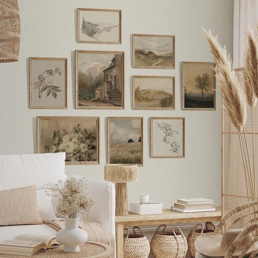 TheCanvas Vintage Wall Art Prints Set of 9, Eclectic Nature Wall Art for Living Room, French Country Landscape Painting, Gallery Wall Decor for