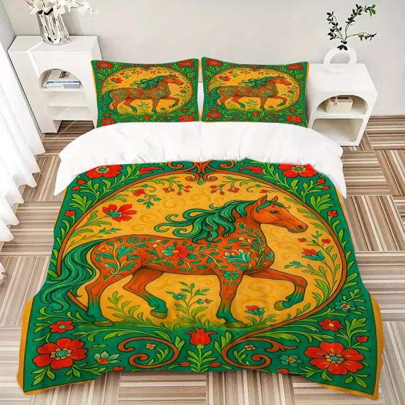 3PCs Horse Artwork Design Cover Set, Breathable Fabric, Machine Washable (1 Duvet Cover + 2 Pillowcases) (Without Quilt) yy250911121