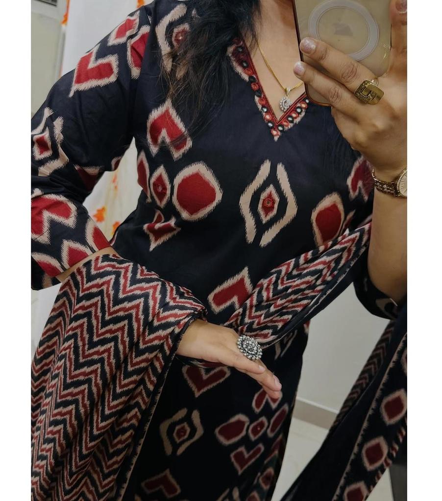 Indian Women Designer Cotton Printed Kurta Pant Duaptta Set Salwar Suit Party Wear Top Tunic