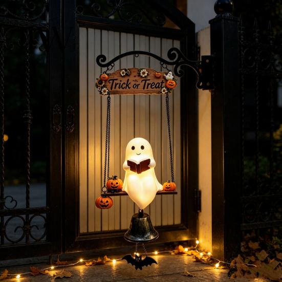 Unique Holiday Gift for Home Halloween Swing Ghost Doorbell, with Pumpkins Decor, Gothic Style Trick Entryway Welcome Sign or Treat Sign, Farmhouse