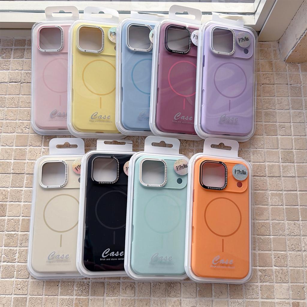 For iPhone 17 Pro Max Case Compatible with MagSafe Rhinestone Decor Lens Frame Silicone Phone Cover