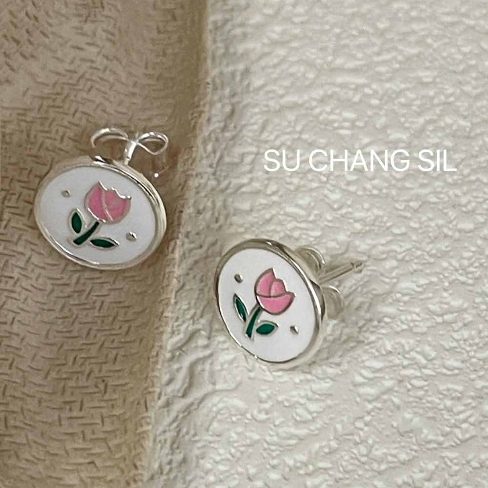 S925 Sterling Silver Tulip Flower Drip Oil Stud Earrings, Court Style Fashion for Girls 925 Sterling Silver