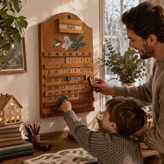 Calendario Perpetuo Vintage in Legno Fatto a Mano Calendario Riutilizzabile da Parete con Blocchi Intercambiabili Design Rustico Colibrì Floreale Decorazione per la Casa