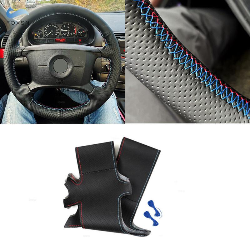 Für BMW E36 E39 E46 X3 E83 X5 E53 Lenkradbezug Handgenäht Schwarz-rot blaue Linie Perforiertes Leder mit Nadeln & Fäden