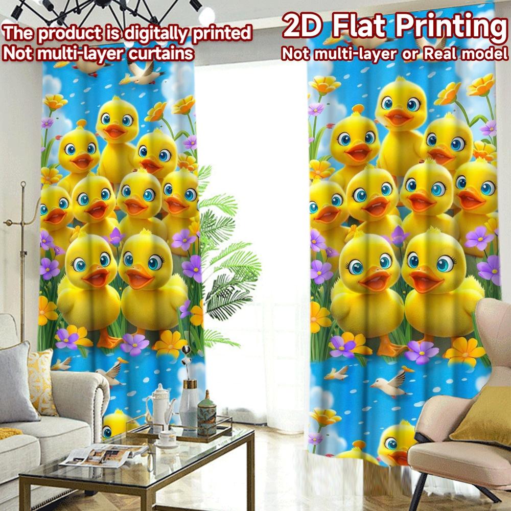 2D FLAT PRINTING 2pcs Curtains (Without Rod) Playful Ducklings and Flowers Modern Contemporary Curtains Semi-Sheer Curtains