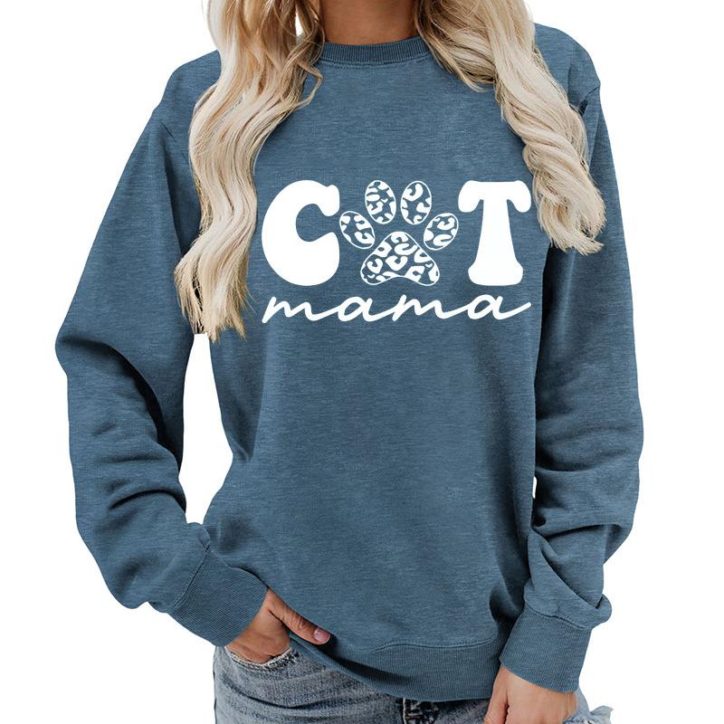 Women's Fashion Round Neck Long Sleeve Colorful Cat  Letter Top Sweatshirt