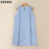 VONDA Women Round Neck Sleeveless Ruffled Casual Mini Tank Dress with Pockets