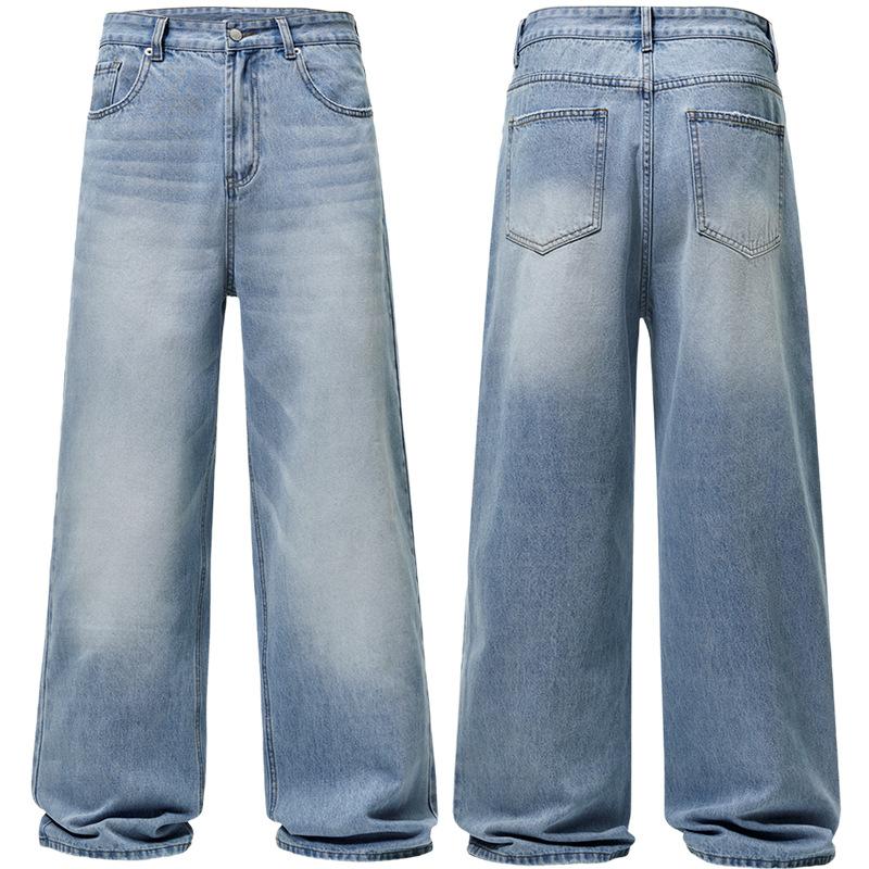 Spring Autumn Men's Vintage Distressed Baggy Straight Jeans High Street Denim Pants Streetwear Male Trousers