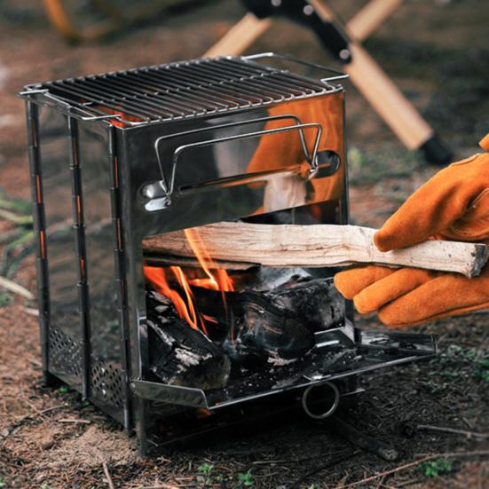 Wood Burning Folding Camp Stove Stainless Steel Grid Multiple Fuels Backpacking Stove Lightweight Collapsible Outdoor Cooking Stove for Hiking Camping