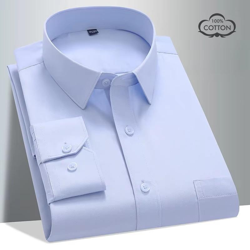 

8XL Solid Color Classic Striped Shirts Men Long Sleeve Formal Office Business White Blue 100 Cotton Long Sleeve Shirt for Men 48 синій