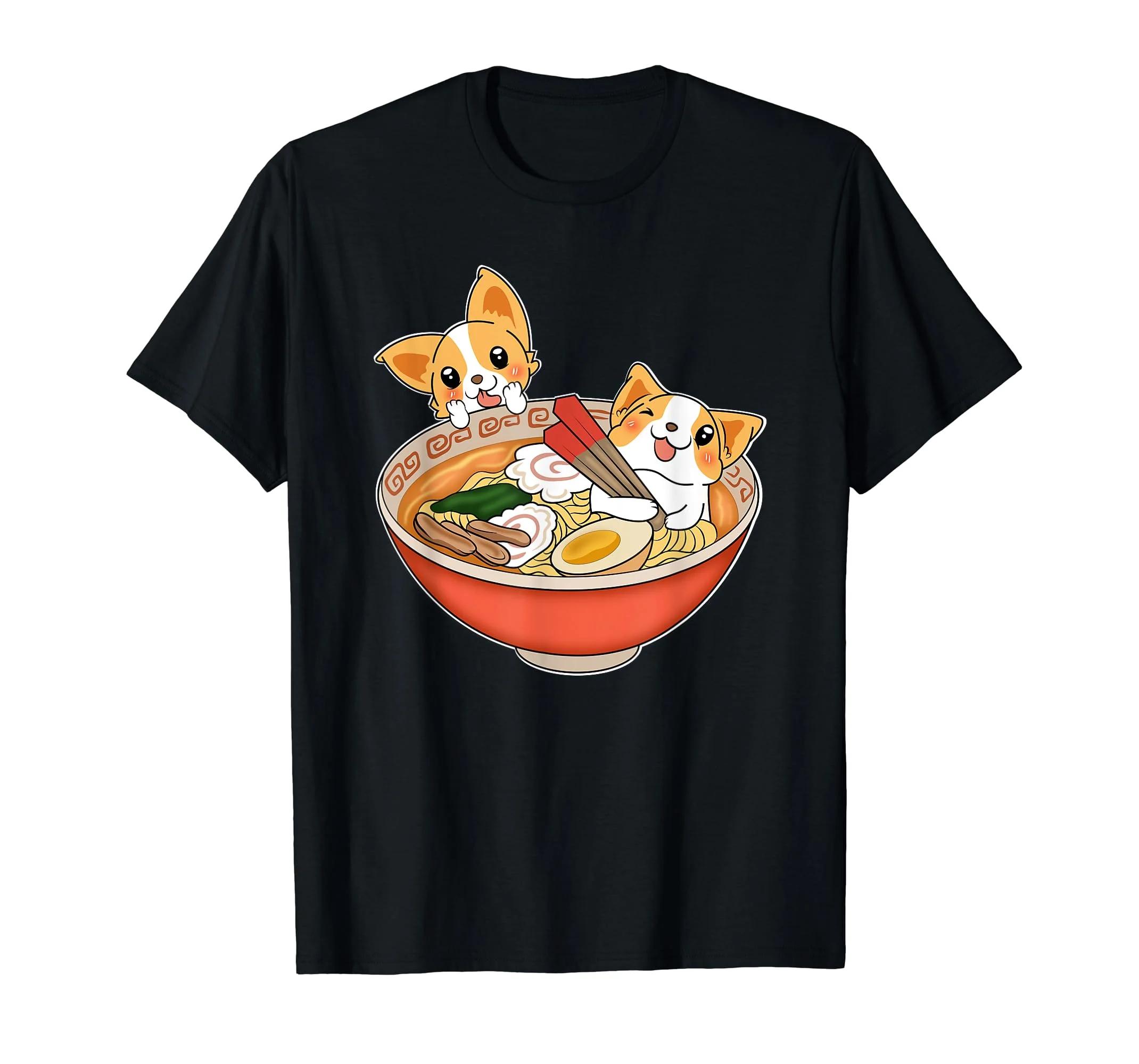 Kawaii Corgi RaUnisex Bowl Cute Dog Eating Noodles Graphic Tee Unisex TShirt L