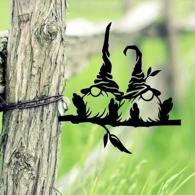 1 Stück Metallzweig mit 2 Zwergen und Pilzen – Gartendekoration für Garten, Baum und Außenbereiche. Perfektes Gartengeschenk.
