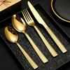 5-Piece Gold-Plated Hammered Stainless Steel Flatware Set - Includes Steak Fork, Knife, Spoon, and Square Handle Utensils.
