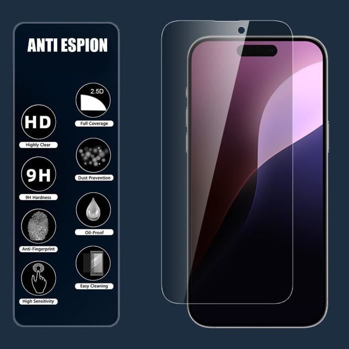 Verre trempé anti-espion - iphone 16 pro - lot de 4 - ultra fin - résistant aux rayures - installation facile