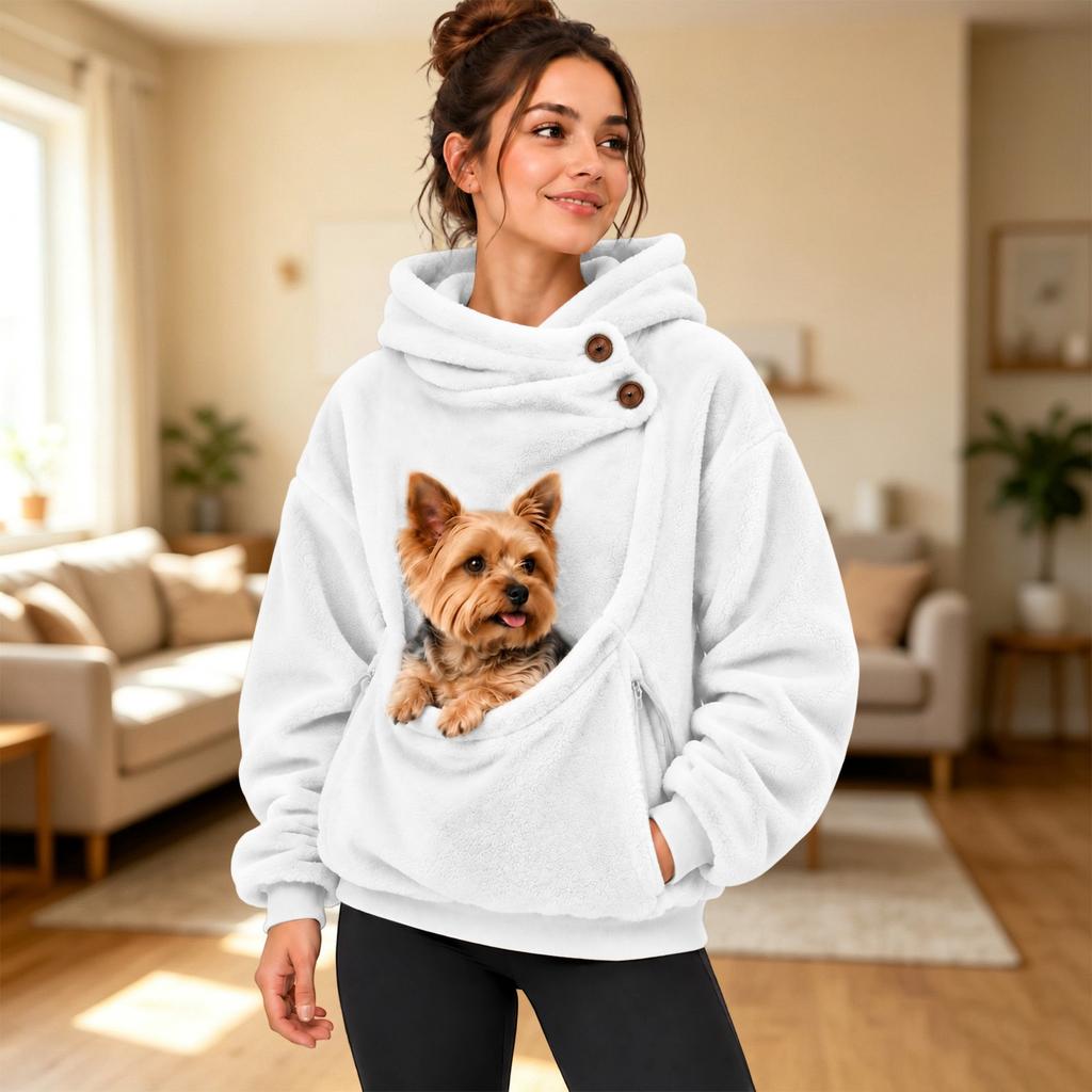 Women's Color Hooded Sweatshirt with Plush Pet Pouch, Loose Fit Zip Pullover Top for Casual Wear