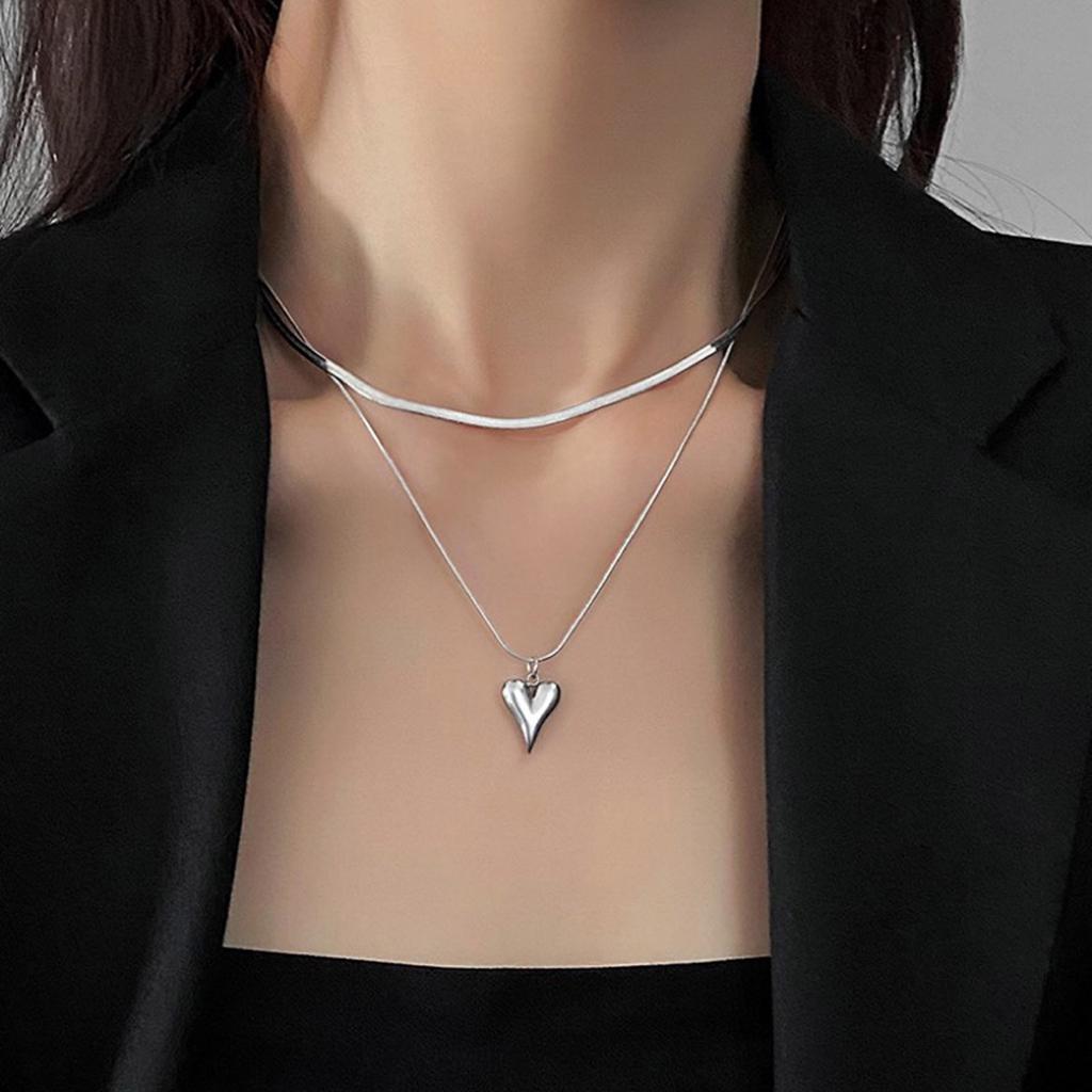Double Layer Necklace Elegant Stainless Steel Heart Pendant Choker Charm Adjustable Collar Chain Jewelry for Daily Wear