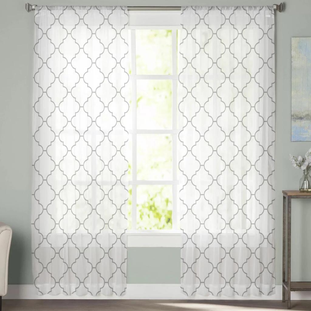 White Geometric Morocco Sheer Curtains Modern Voile Tulle Window Drapes for Living Room Bedroom Decor