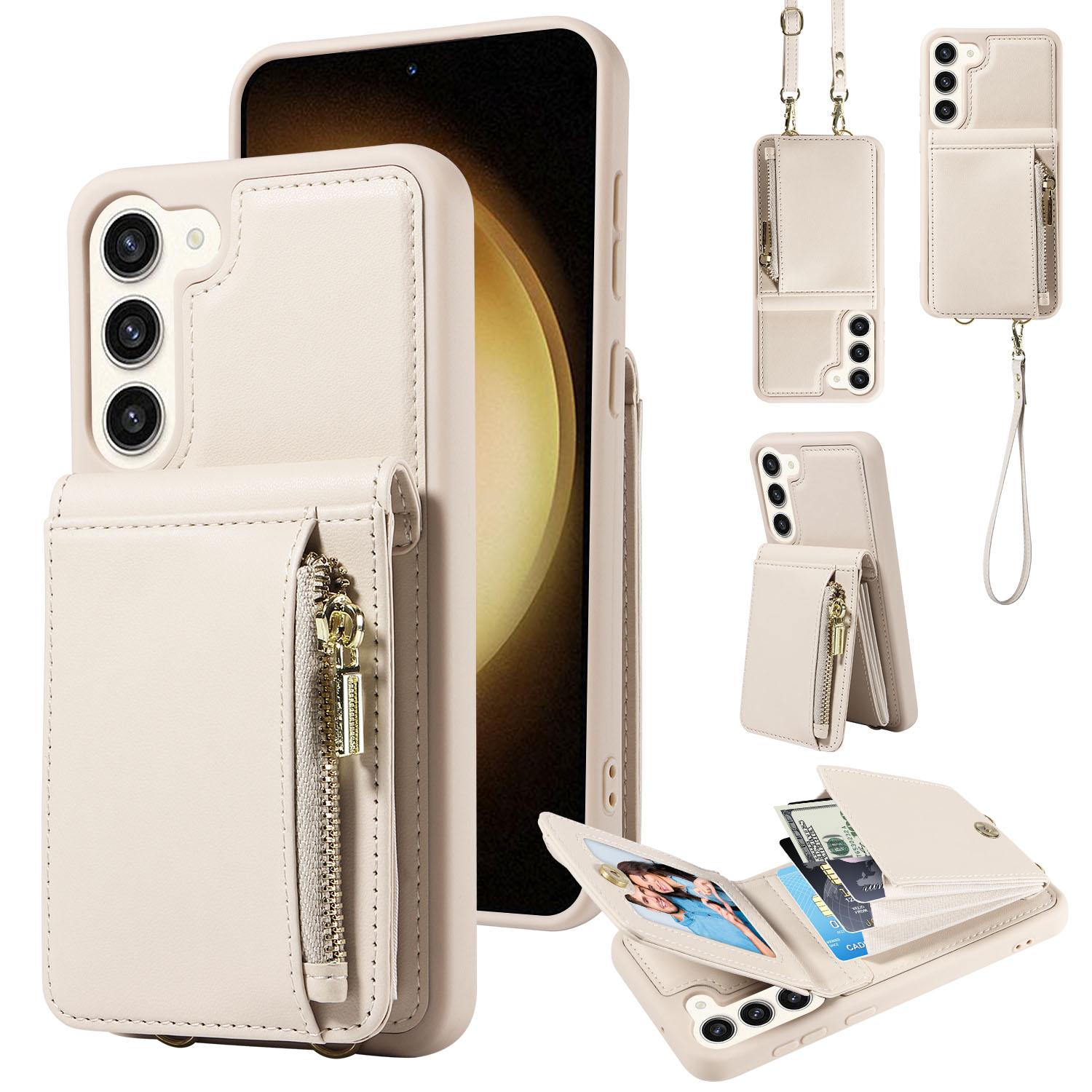 

For Samsung Galaxy S24+ Case RFID Blocking PU+TPU Kickstand Wallet Phone Cover with Straps Beige