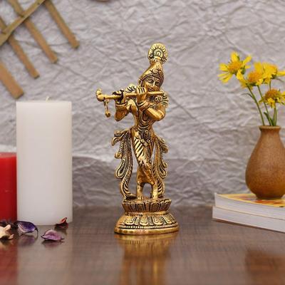 Ídolo Estatua de Lord Krishna Ídolos de Krishna Chapado en Oro Krishna Tocando la Flauta Pieza Decorativa Figurita para Sala de Puja y Regalo