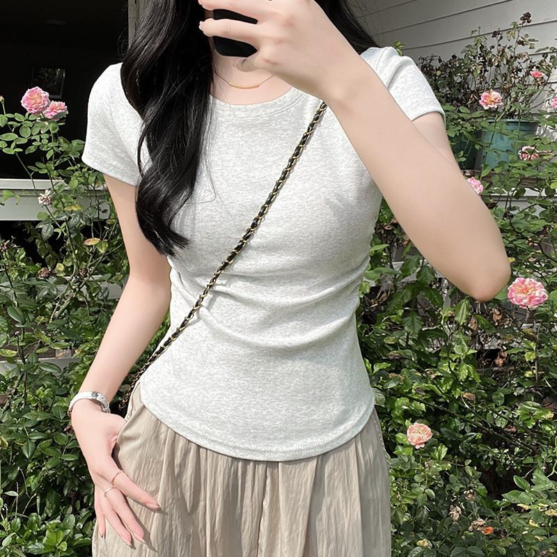 Plain Cotton Short Sleeve T Shirt With Pleated Detail For Casual Wear